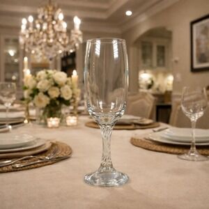 Vintage 7 Inch Fluted Champagne Glass Twisted Stem Elegant Clear Glass